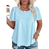 ROSRISS Plus-Size Tops for Women Summer Trendy Eyelet Puff Short Sleeve T Shirts Casual Crewneck Solid Color Tunics XL-5XL
