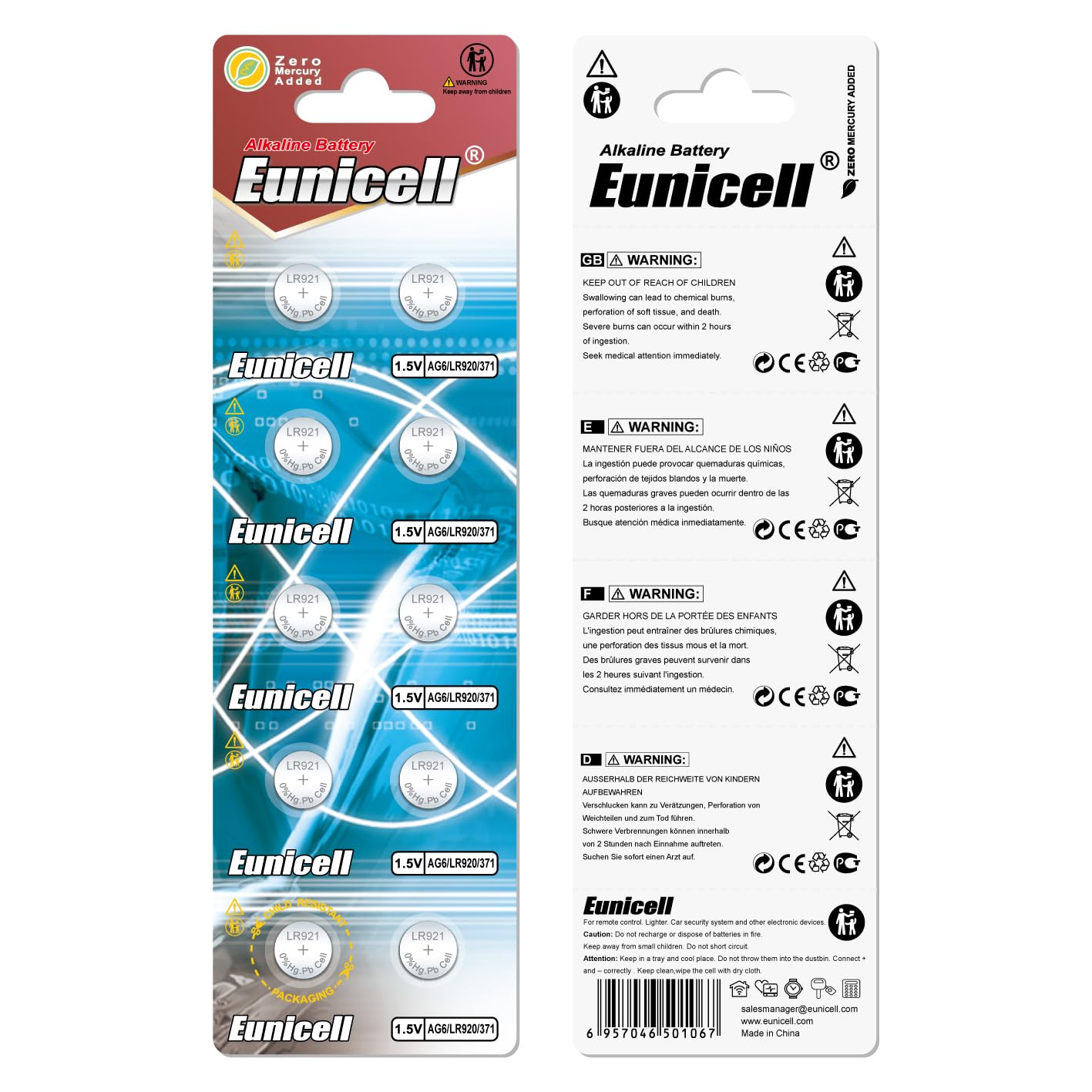 10 x Eunicell AG6 1.5v Alkaline Button Cell Batteries in Separate Blister Packaging LR69 LR921 SR921W 370 371