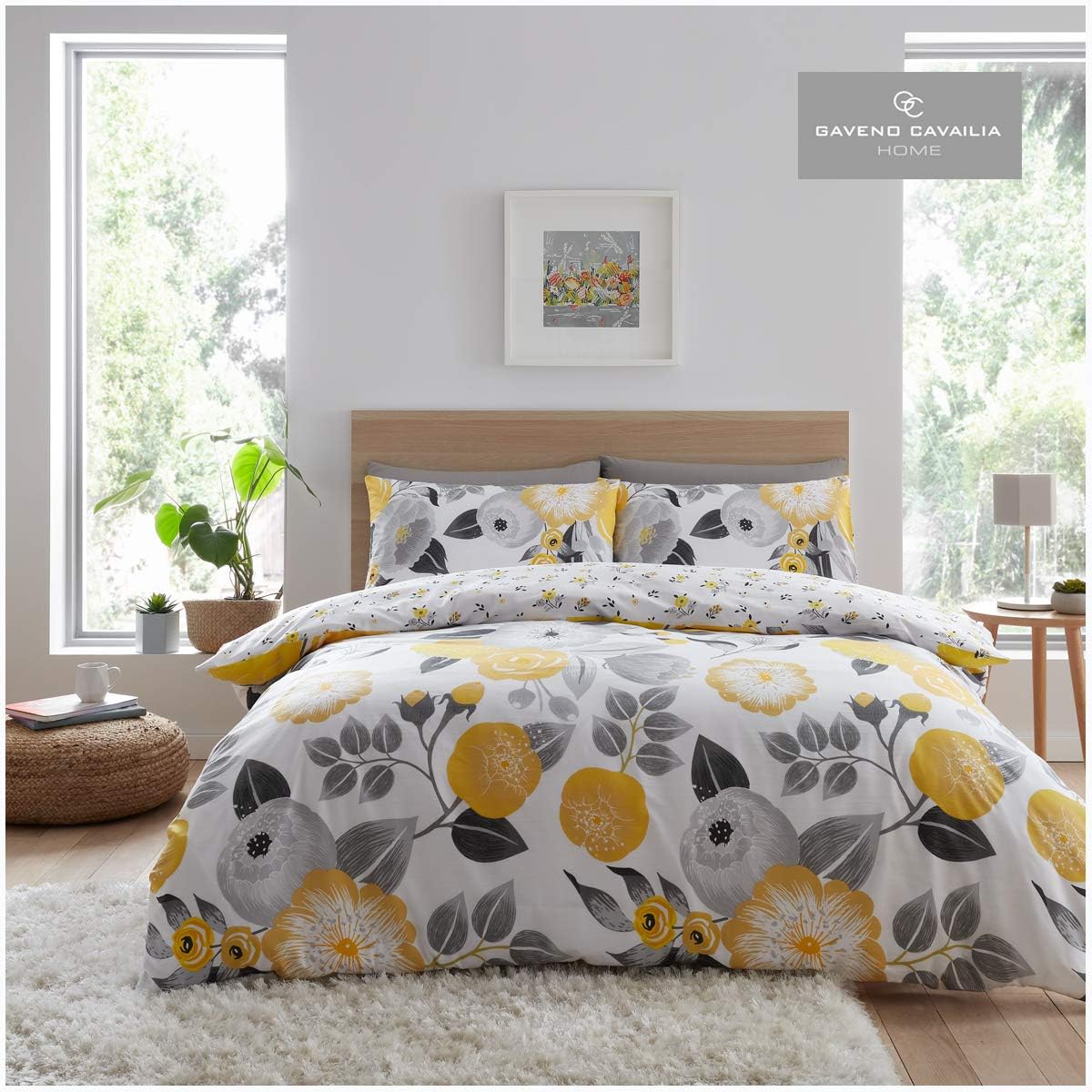 GC GAVENO CAVAILIA Reversible Floral Duvet Cover Quilt Set Easy Care Poly Cotton Botanical Bedding, Polycotton, Neve-Yellow, King