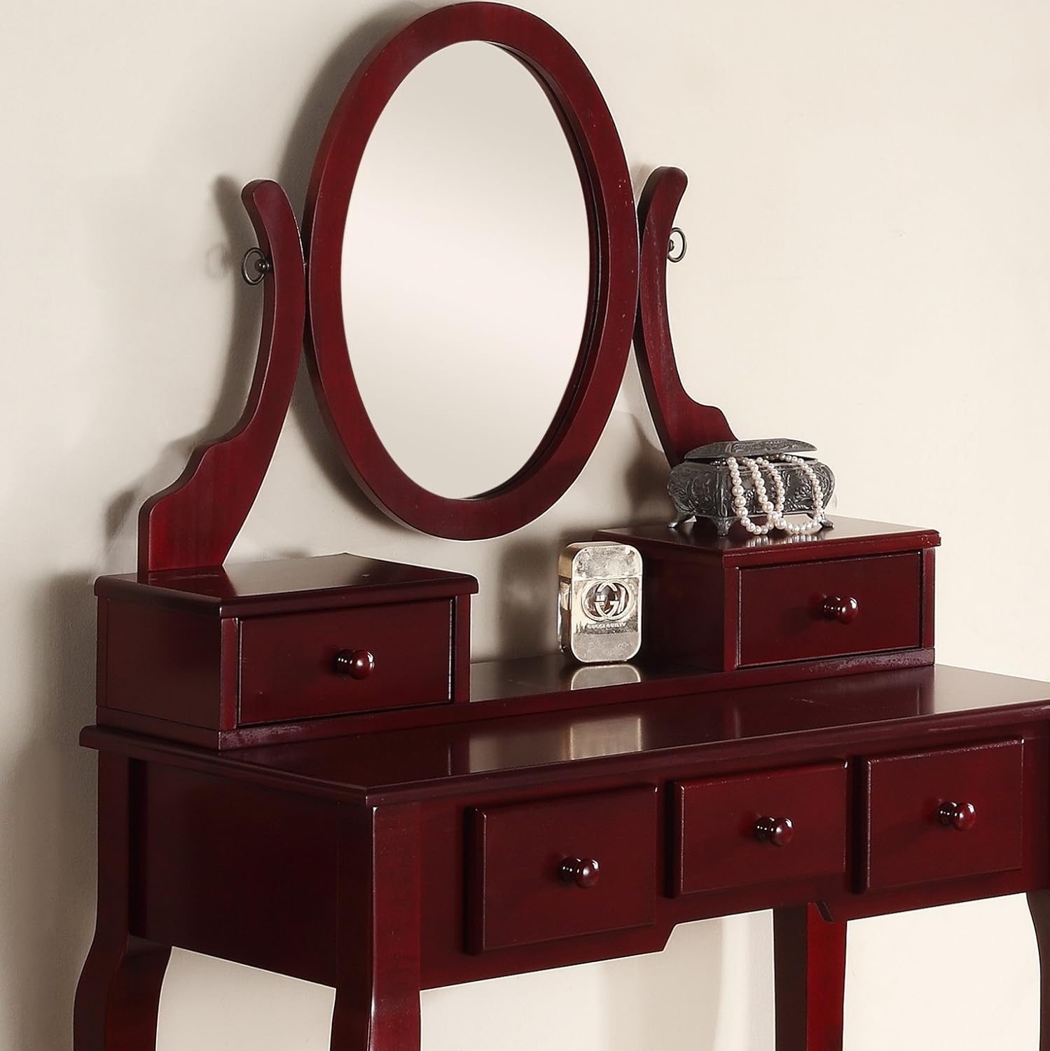 Roundhill Furniture Ashley Wood Make-Up Vanity Table and Stool Set, Cherry: Furniture & Decor