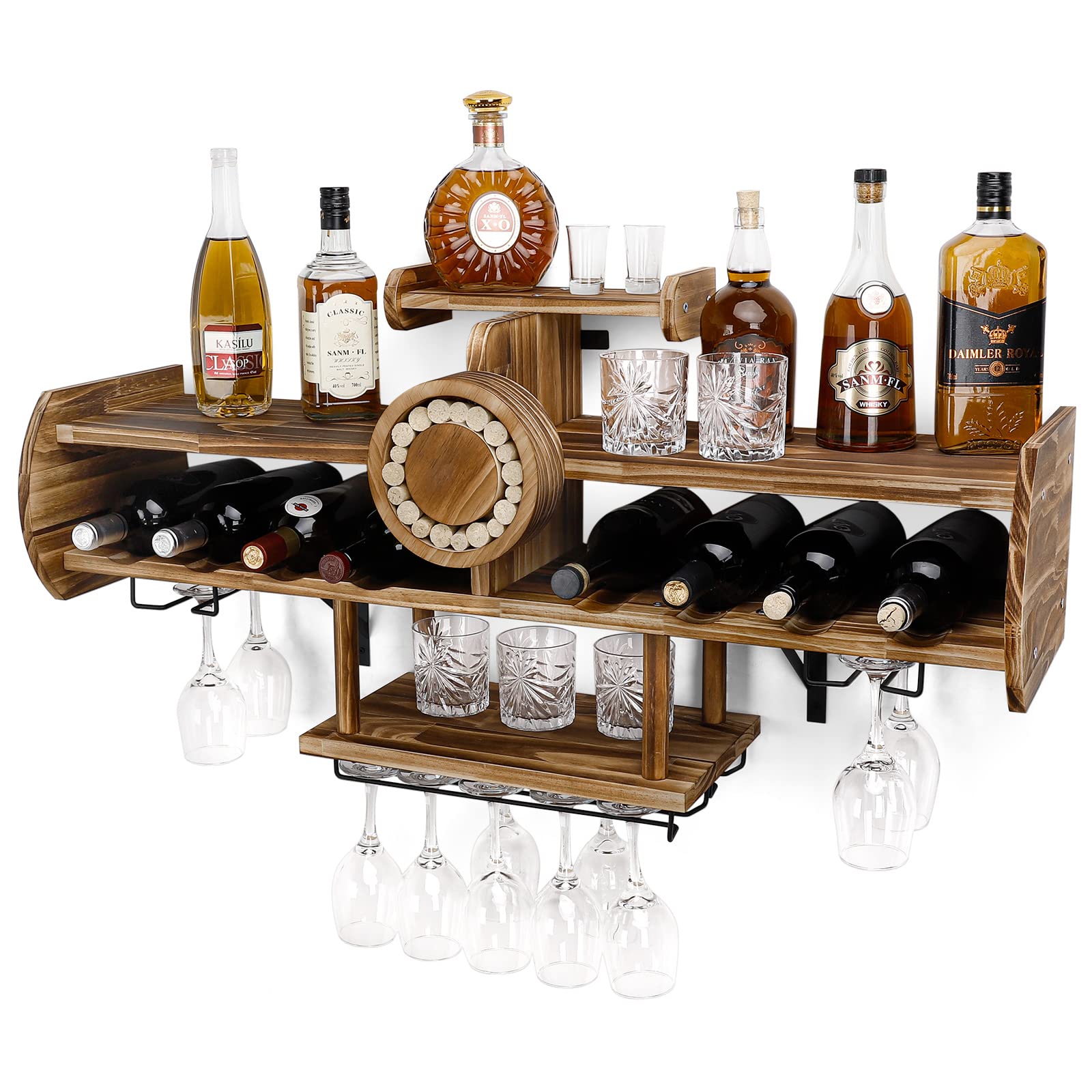 Homde Wine Rack Wall Mounted Wood,Alcohol Shelf with Bottle Stemware ...