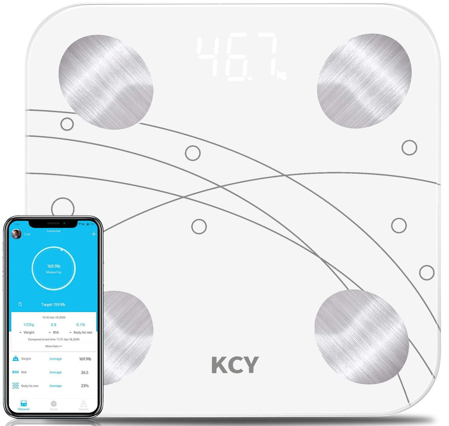 KCY Bluetooth Body Fat Scale,Smart Wireless Bathroom Scale for Body Weight,LED Digital Weighing Percentage Scale,BMI,BMR 15 Key Body Composition Monitor Health Analyzer with Smartphone App Sync,White: Industrial & Scientific