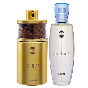 Ajmal Aurum EDP Fruity Floral Perfume 75ml for Women and Raindrops EDP Floral Chypre Perfume 50ml for Women + 2 Parfum Testers FREE