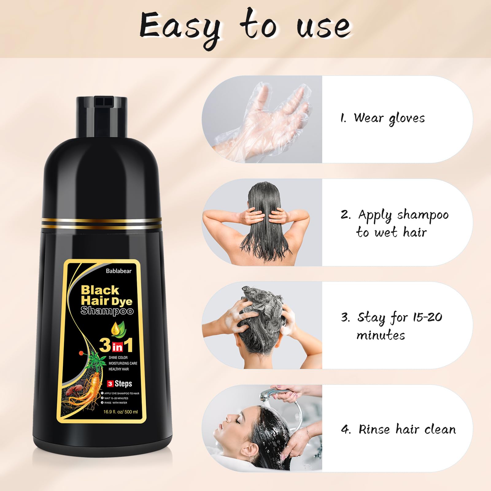 Bablabear Black Hair Dye Shampoo for Gray Hair, Semi-Permanent Hair Color Shampoo for Women and Men, Herbal Ingredients, 3 in 1 100% Grey Coverage.Lasts 30 Days/500ml/Natural herbal Ingredients