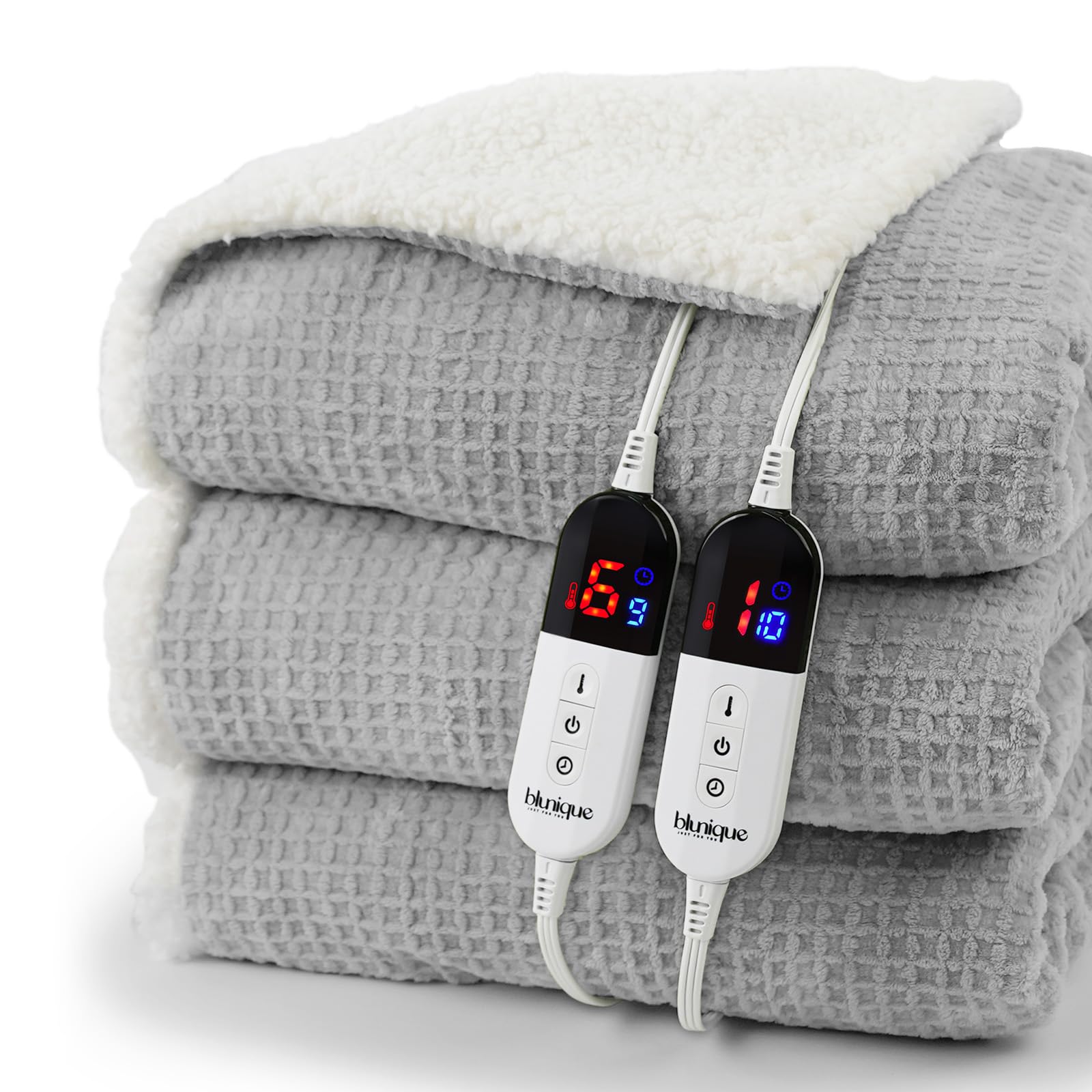 Photo 1 of blunique Heated Blanket Electric Blanket Queen Waffle,84x90 Inches Sherpa Fleece Fast Heating Blanket 6 Heating Levels & 10 Hours Auto Off ETL Certification,Light Grey Queen