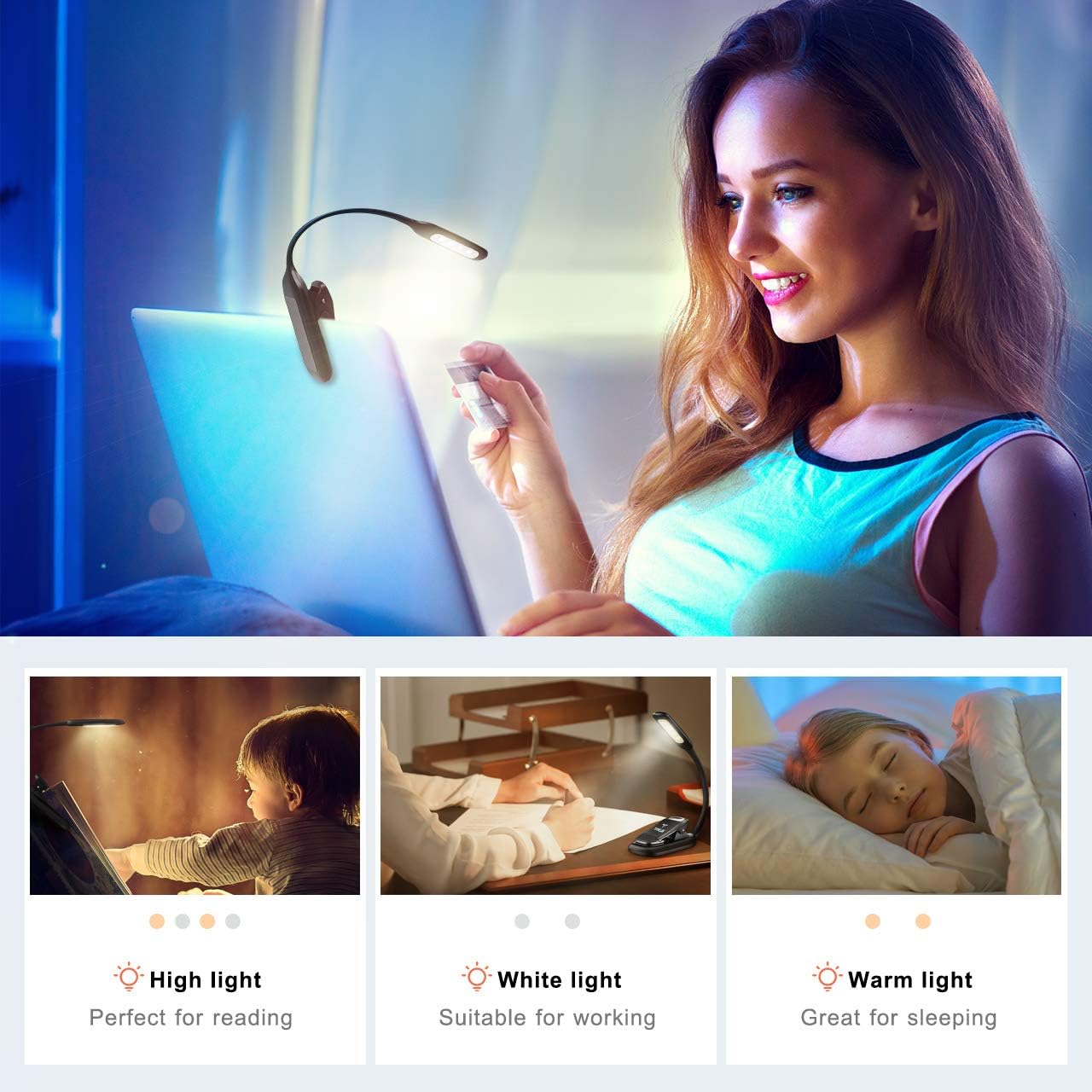 Rechargeable Book Light, TOPELEK LED Reading Light with 3-level Brightness (Cool & Warm), Flexible Easy Clip On Reading Lamp, Eye Protection, Soft Table Light for Night Reading in Bed - - 