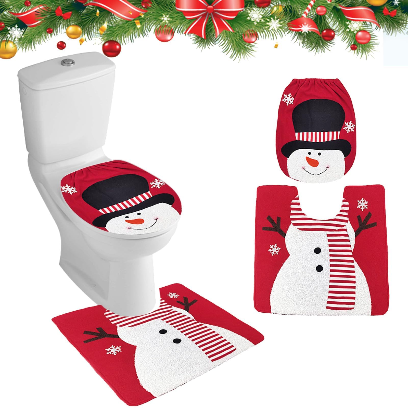 Minicoco Christmas Toilet Seat Covers Pads Funny Christmas Decorations Christmas Bathroom Set Toilet Lid Cover Set U-Shaped Toilet Rug Washable Soft Warmer Toilet Cover (Snowman)