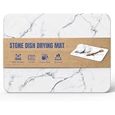 Plentio Stone Dish Drying Mat for Kitchen Counter, 15.7 x 11.8 in Absorbent Diatomaceous Earth Drying Board with Silicone Feet and Sanding Tool, White-Marble