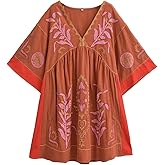 Joiemont Womens Oversized Embroidered Dress with V-Neck and 3/4 Sleeves Vintage Embroidery Babydoll Dress