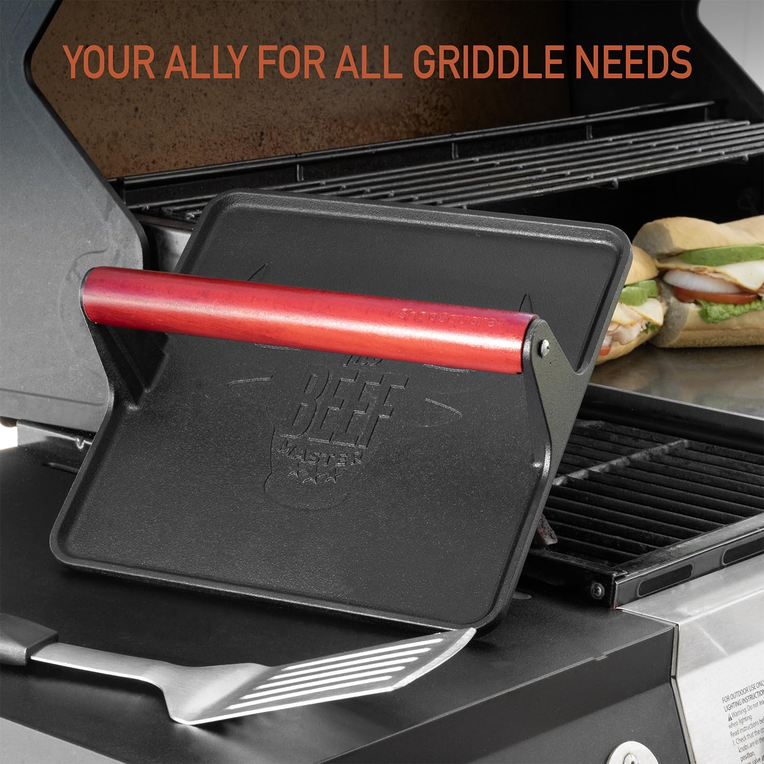 The Beef Master Cast Iron Grill Press - XL Burger Press, Pre-Seasoned Griddle Press, Heavy Duty Meat Press for Bacon, Burgers, and Steak with Cool Touch Handle - 10”x10”x4”