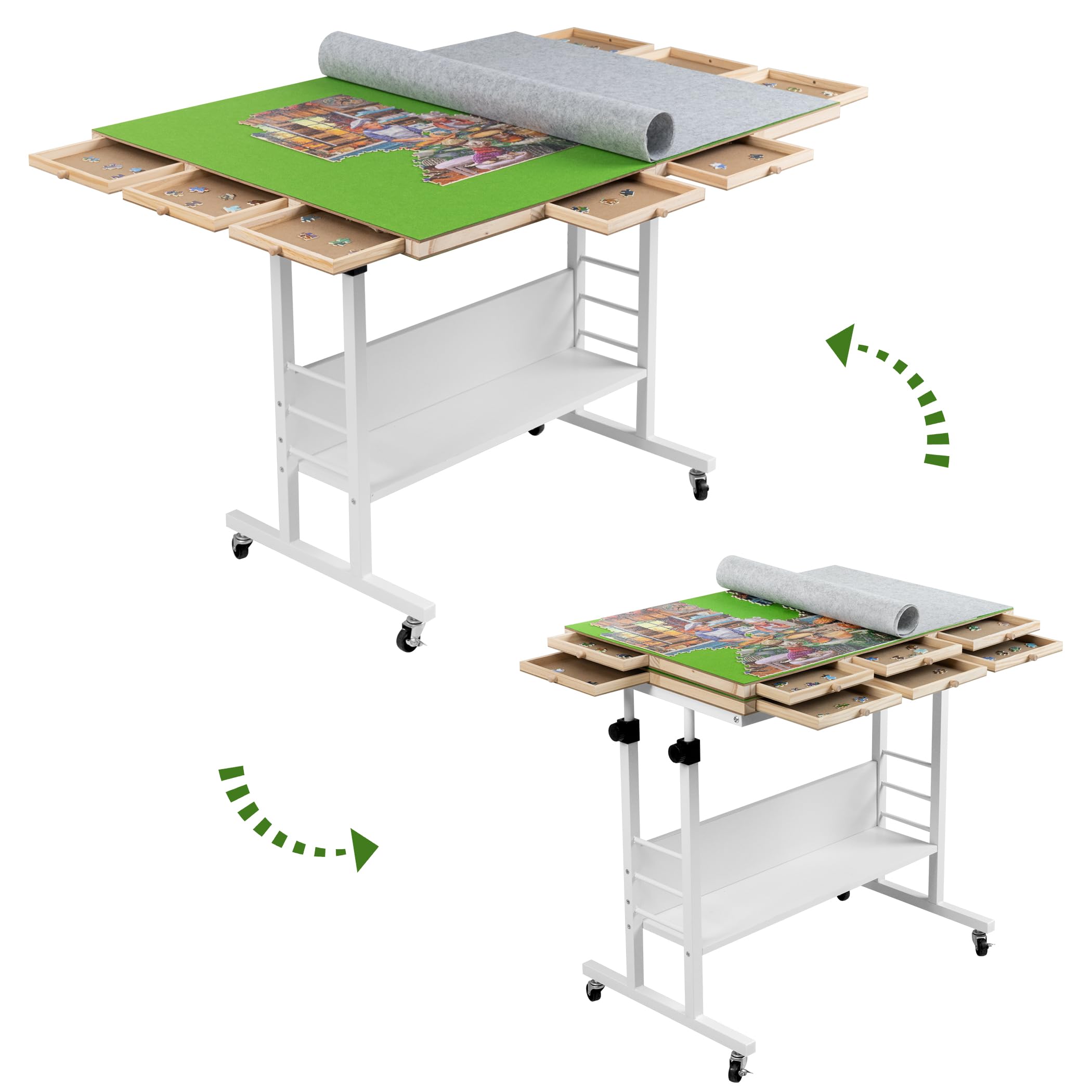 Tektalk 2000 Piece Foldable Puzzle Board with Height Adjustment, Jigsaw Puzzle Table with 2 Felt Cover & 8 Sorting Trays/Drawers, Puzzle Easel with Legs, Enclosed with 4 Roller Wheels (Green)