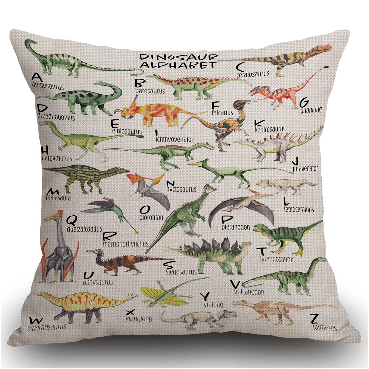Smooffly Watercolor Dinosaur Alphabet Cushion Cover Outdoor Furniture Decorative Linen Square Double Sided Printing Pillow Cover for Home Office Sofa Couch Car Garden 45 x 45cm 18 x 18 inches