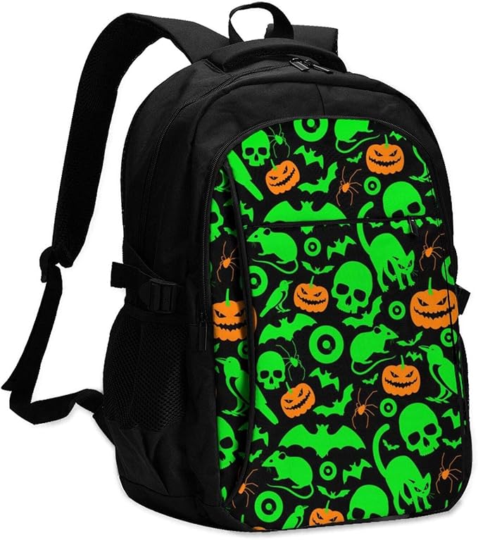 Green Ghost Horror Halloween Pumpkin Printed Usb Backpack Travel