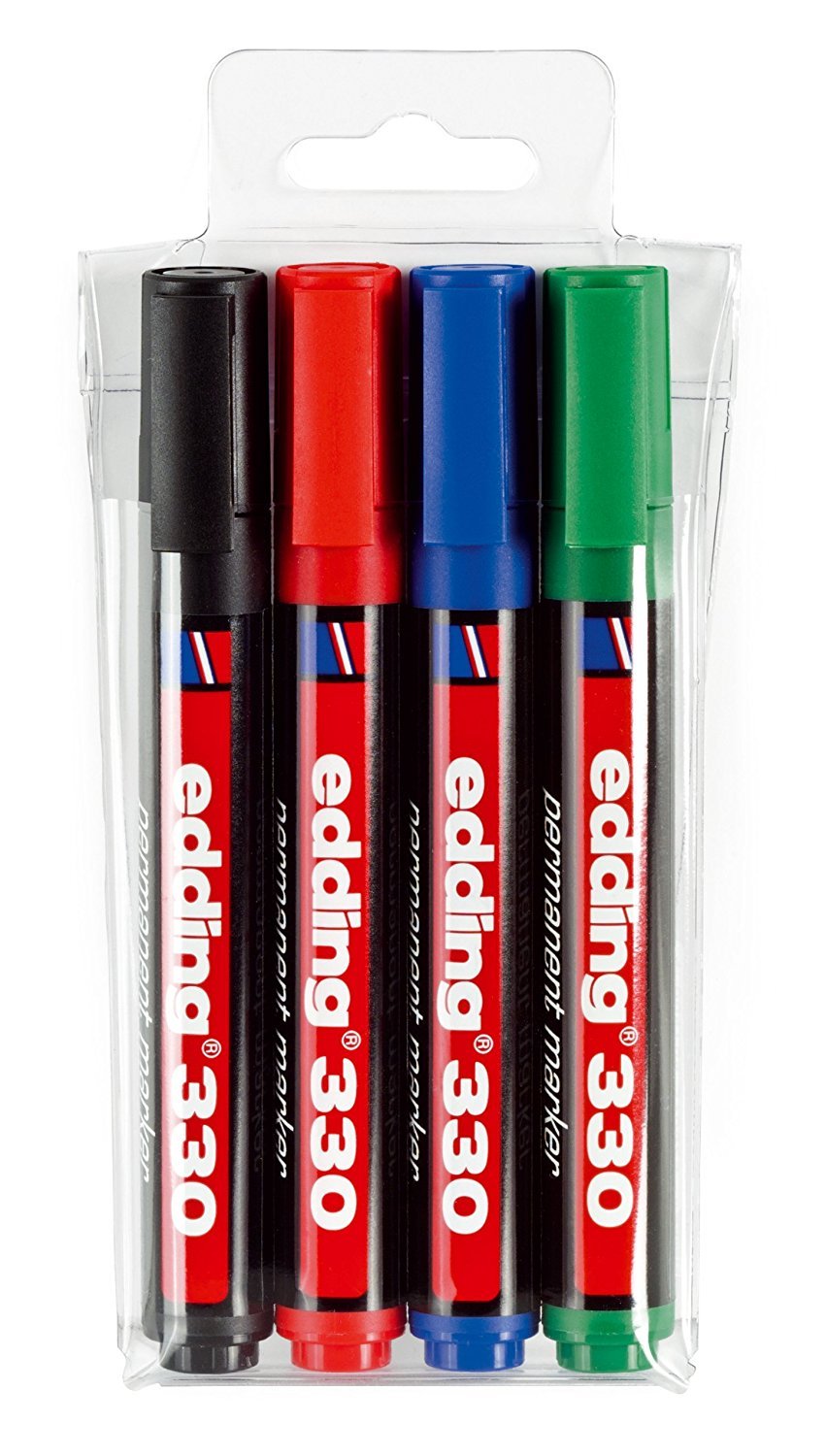 edding 330 permanent marker - black, red, blue, green - set of 4 - chisel nib 1-5 mm - waterproof, quick-drying, smear-proof pens - for cardboard, plastic, glass, wood, metal and fabric