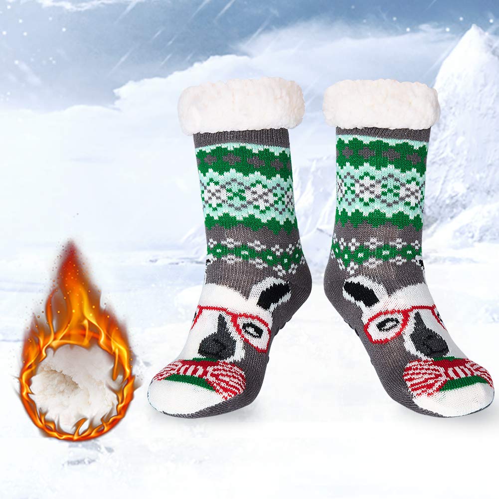 RAISEVERN Little Girls Winter Heavy Slipper Socks Festive Hilarious Sturdy Snuggly Lounge Socks Christmas Gentlemen Alpaca Green Weed Pixilated Winter Thickness Knitting Fuzzy Sox for Bed Sleeping