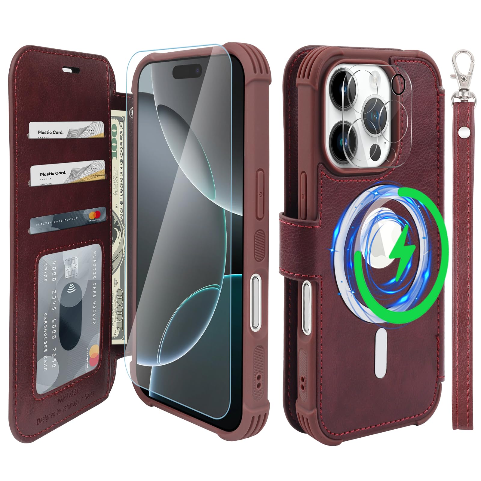 VANAVAGY Compatible for iPhone 16 Pro Wallet Case for Magsafe Wireless Charging,Leather Flip Folio Wrist [Glass Screen Protectors and Camera Lens Protectors]with RFID Block Card Holder,Burgundy