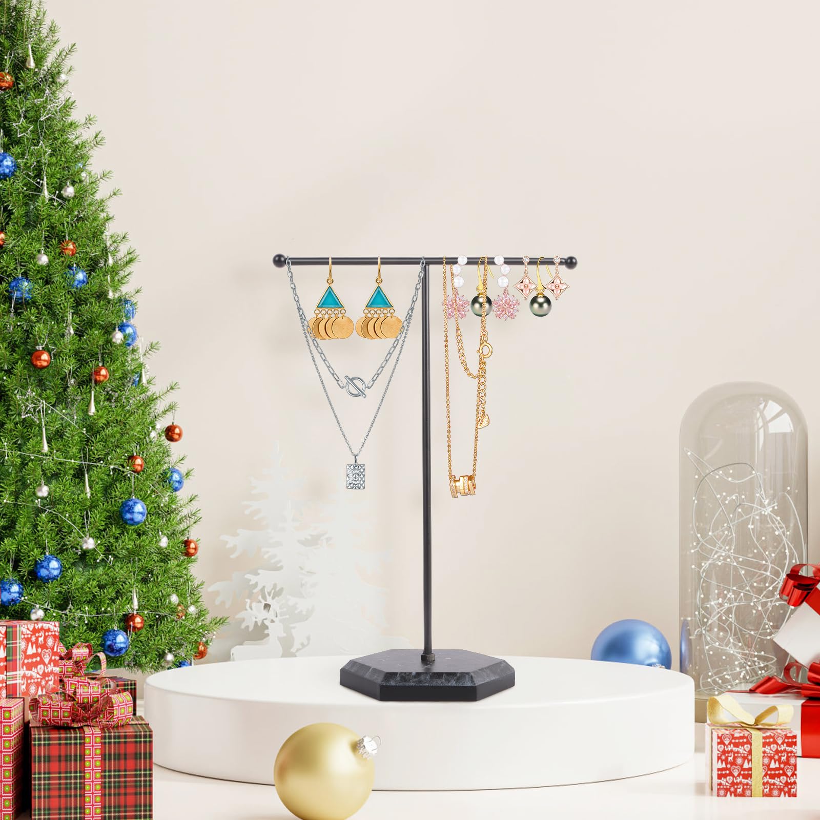 Minicoco Jewellery Organiser Stand Metal T-Bar Jewelry Stand Necklace Display Stand Earrings Display Holder Hanging Pendant Rack with Marble Pattern Round Tray for Bracelets Rings Keys (Black)