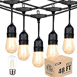 ETL Listed Outdoor Linkable 48ft led Heavy-Duty String Light with 15+1(Spare) 2W Energy-Saving PC Shatterproof Bulbs 2300K Wa