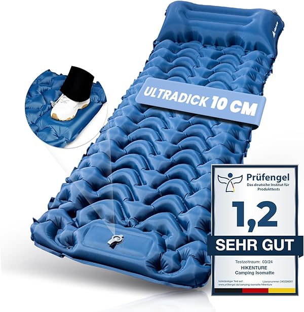 HIKENTURE Isomatte Camping, 10cm hoch Camping Isomatte Kleines Packmaß, Aufblasbare Schlafmatte mit Fußpumpe für Outdoor, Wandern, Zelt