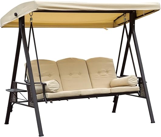 Amazon De Outsunny 3 Sitzer Hollywoodschaukel Gartenschaukel Mit Sonnendach Kissen Metall Polyester Beige Braun 124 5 X 206 X 180 Cm