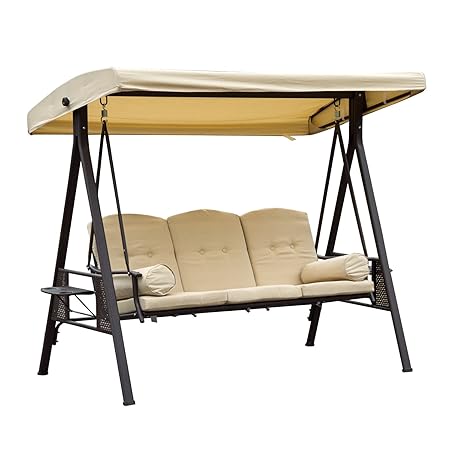 Outsunny 3-Sitzer Hollywoodschaukel Gartenschaukel mit Sonnendach + Kissen Metall + Polyester Beige + Braun 124,5 x 206 x 180