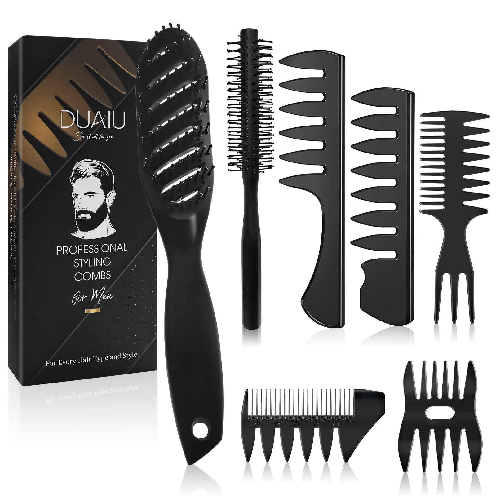 Hair Brush Men Styling Set,DUAIU Mens Hair Combs Styling Brush 7pcs,Curved Vented Paddle Brush,Quiff Round Hair Brush,Wide Tooth Comb,Texture Comb for Blow Drying,Slick Back,Detangling,Hairdressing — image 1