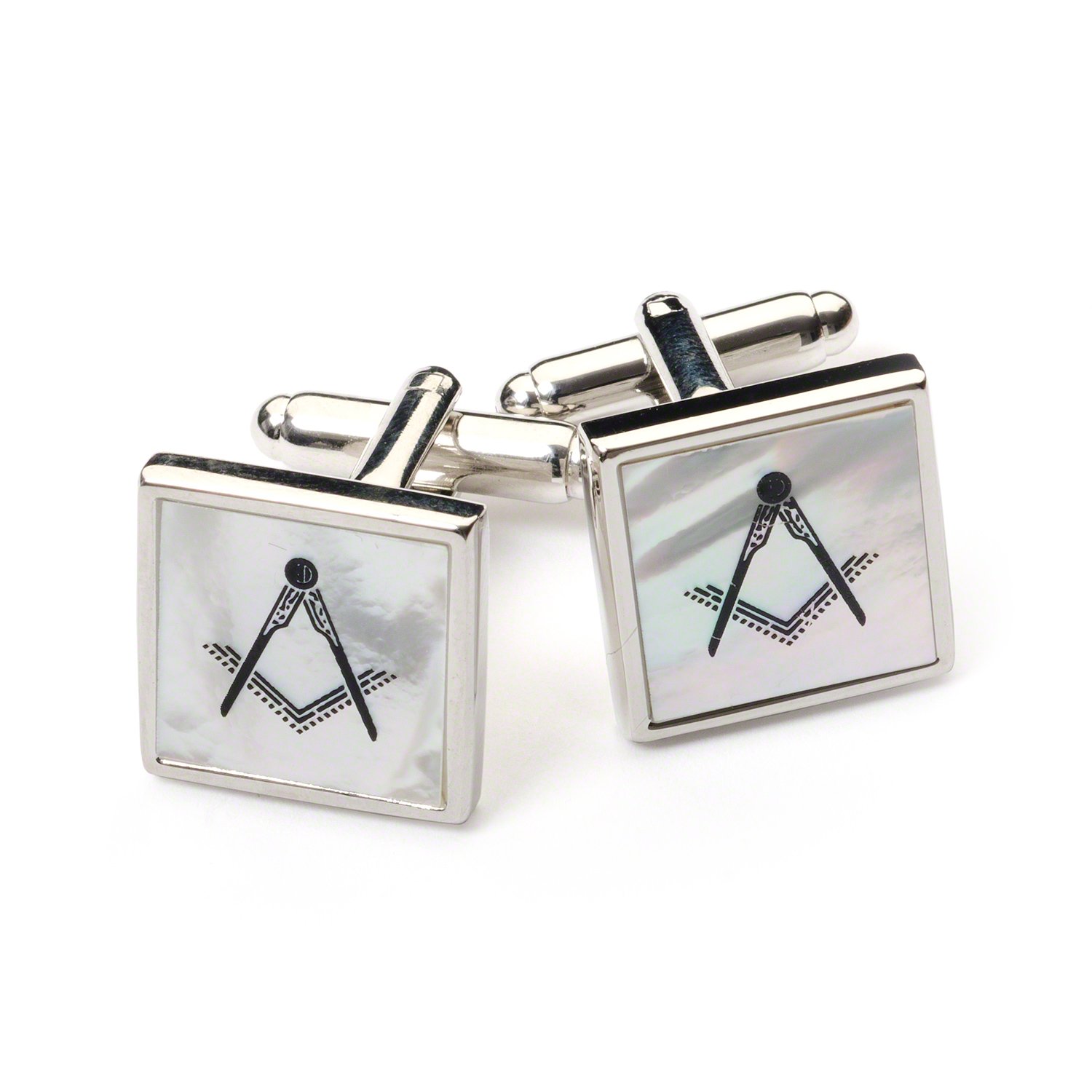 The Masonic Collection - Mother of Pearl Cufflinks for Men - Silver Rhodium Plated - Square and Compass - Black Enamelled - Comes in Luxury Cufflink Box - Quality Freemason Gifts for Men