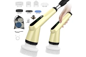 VICMAYUN Electric Spin Scrubber, Shower Scrubber with Long Handle Adjustable, 2 Speed & 7 Replaceable Brush Heads Shower Cleaner Brush, Electric Scrubber for Cleaning Bathroom Tile Floor Bathtub Yellow