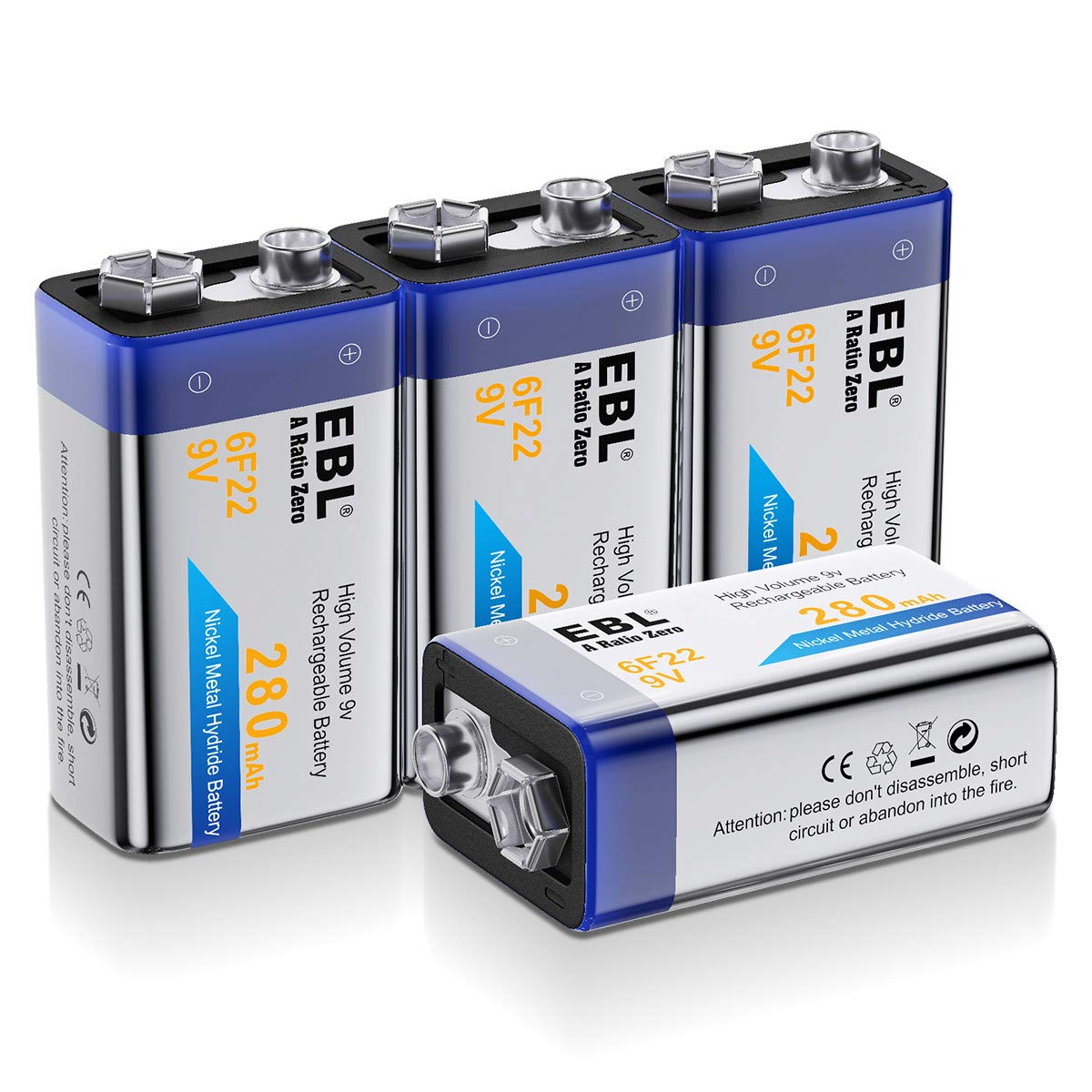 EBL 280mAh 9Volt Block Ni-MH wiederaufladbare 6F22 9V Akku 4 Stück
