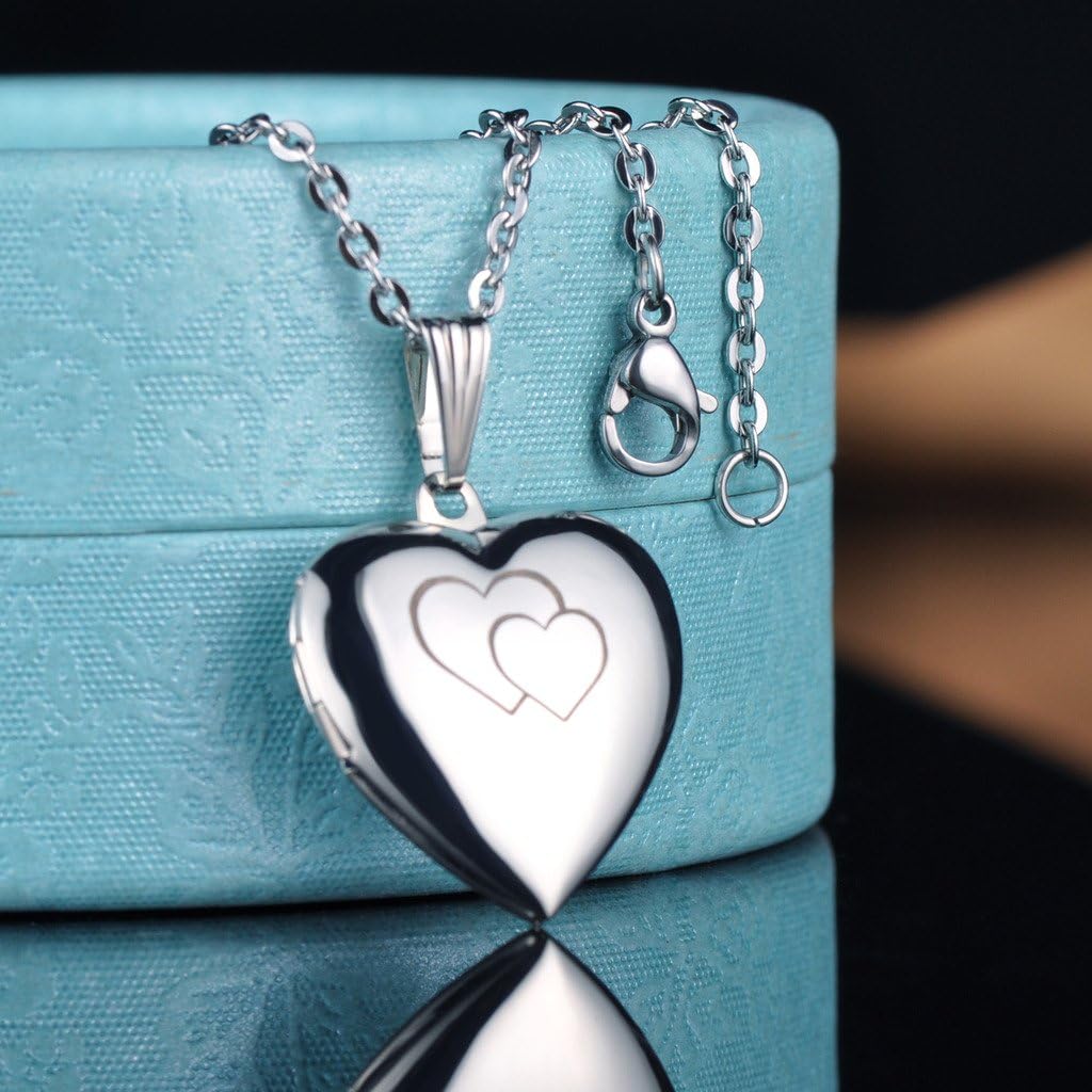 Yumilok Stainless Steel Double Hearts Engraved Pink Open Heart Photo Locket Memory Pendant Necklace for Women/Girls/Couples - Image 4