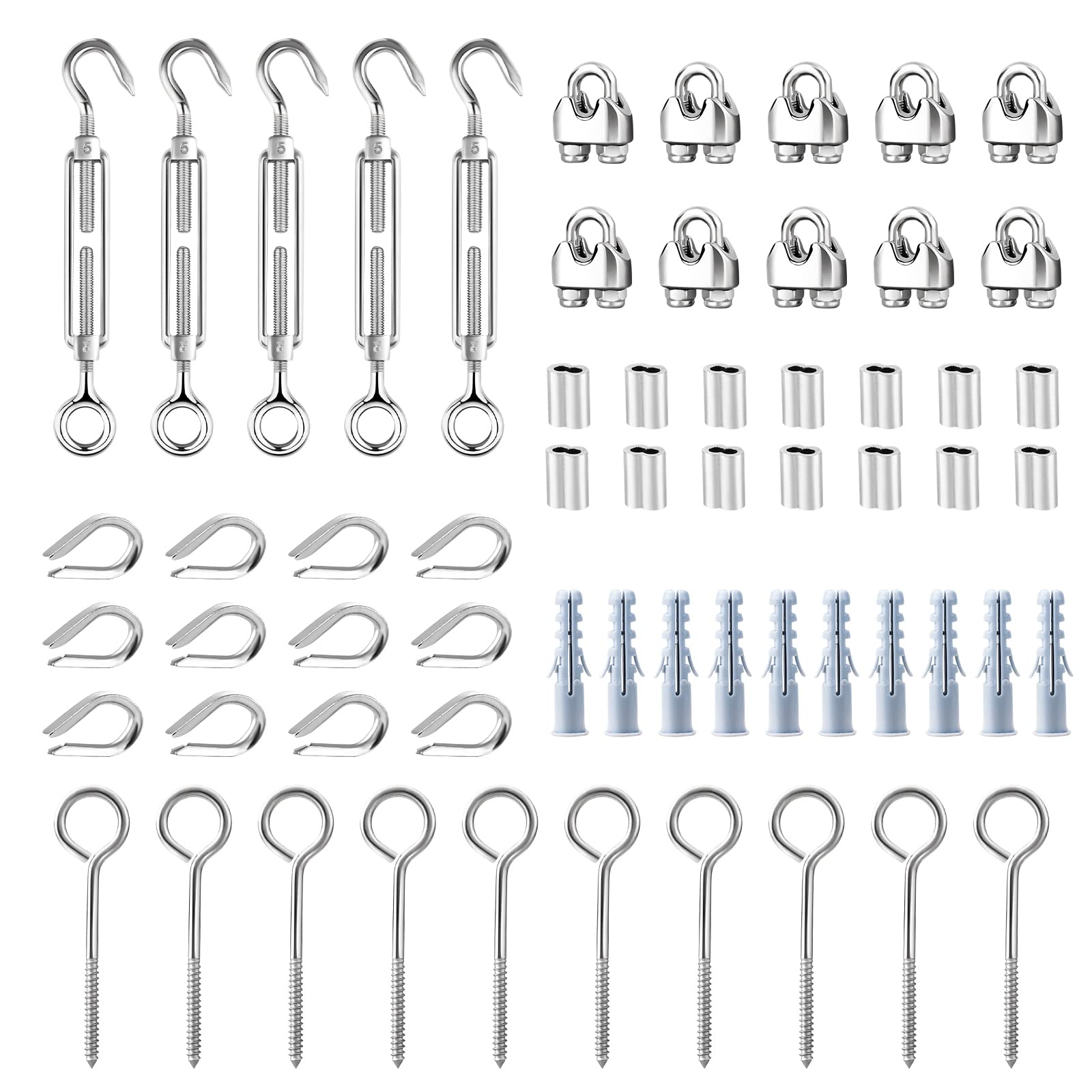 TooTaci Turnbuckle Wire Tensioner Kit, M5 Turnbuckle Hook and Eye and Vine Eyes for 3mm Cable Wire Rope Tenison, Vine Eyes for Climbing Plants Wire, M3 Clamps, Crimping Loop