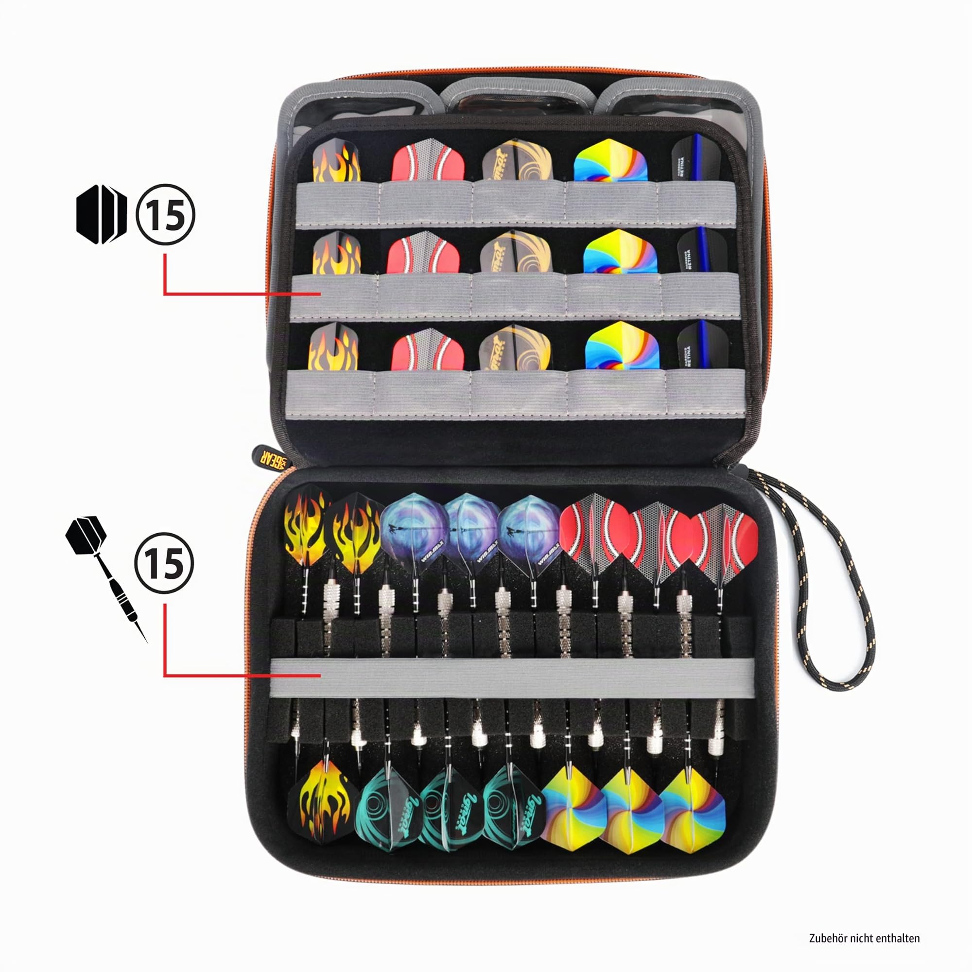 USA Gear XL Semi-Rigides Dart-Case – Schutz und Organisation für 15 teilige Sets: Darts, Spitzen, Schäfte und weiteres Zubehör – Präzisions Schaumstoffeinlage für Soft- und Steel-Tip-Darts (Schwarz) 3