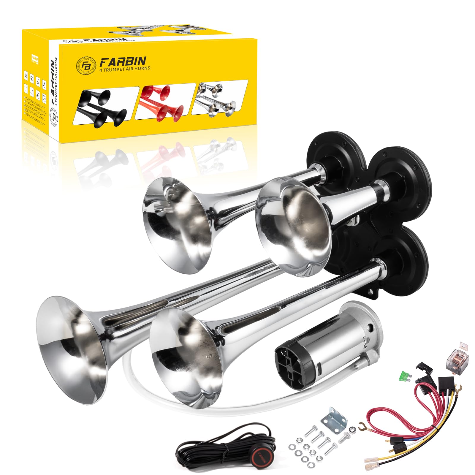 Photo 1 of FARBIN 12V/24V Air Horn - 150DB 4 Trumpet Horns Super Loud with Electric Solenoid - Chrome Universal Horn for Truck, Car, Jeep, SUV, Train, Boat