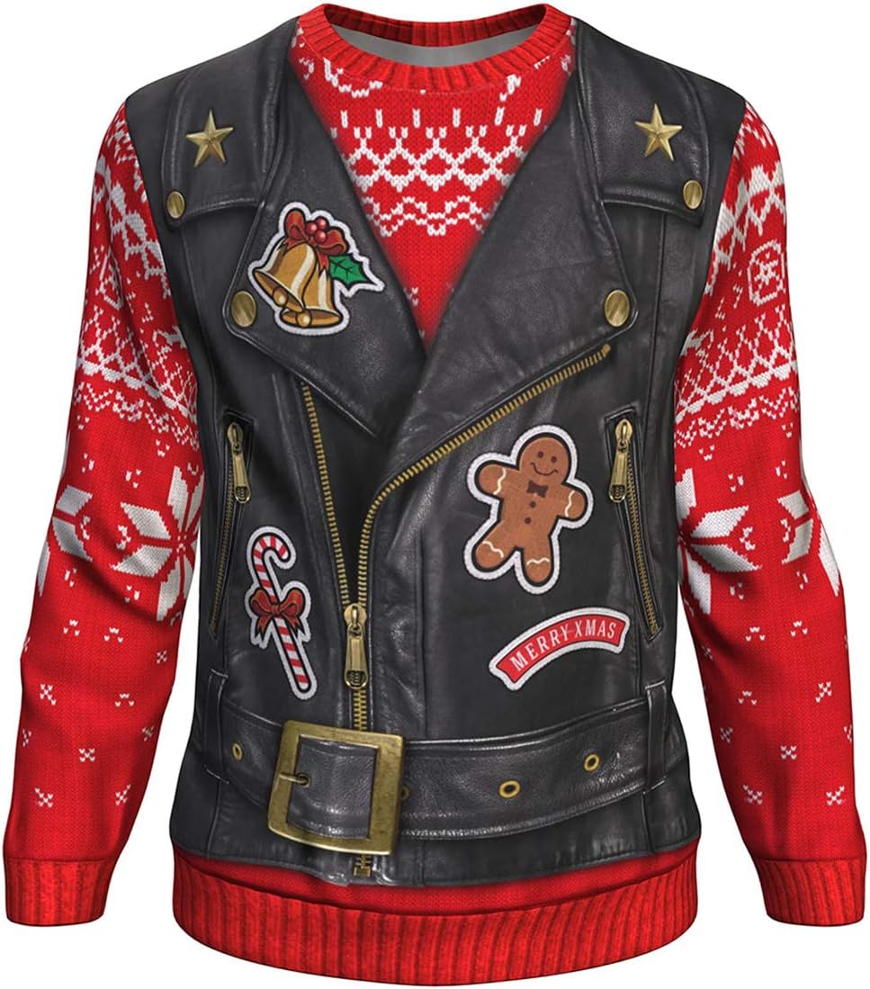 Women's Ugly Christmas Jumper Pullover Funny Motorcycle Biker Vest Patchwork Sweater