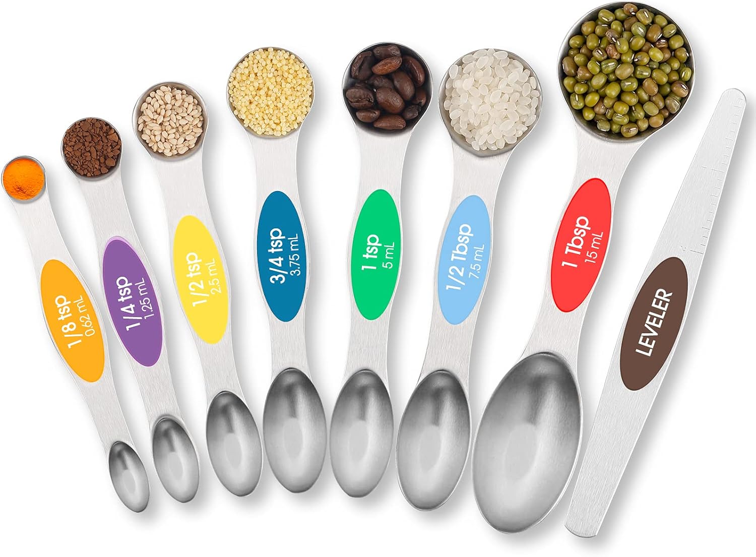 TEMEISI Magnetic Measuring Spoons Set, Dual Sided Stainless Steel Measuring Spoons Fits in Spice Jars, Stackable Teaspoon for Measuring Dry and Liquid Ingredients - Set of 8: Kitchen & Dining