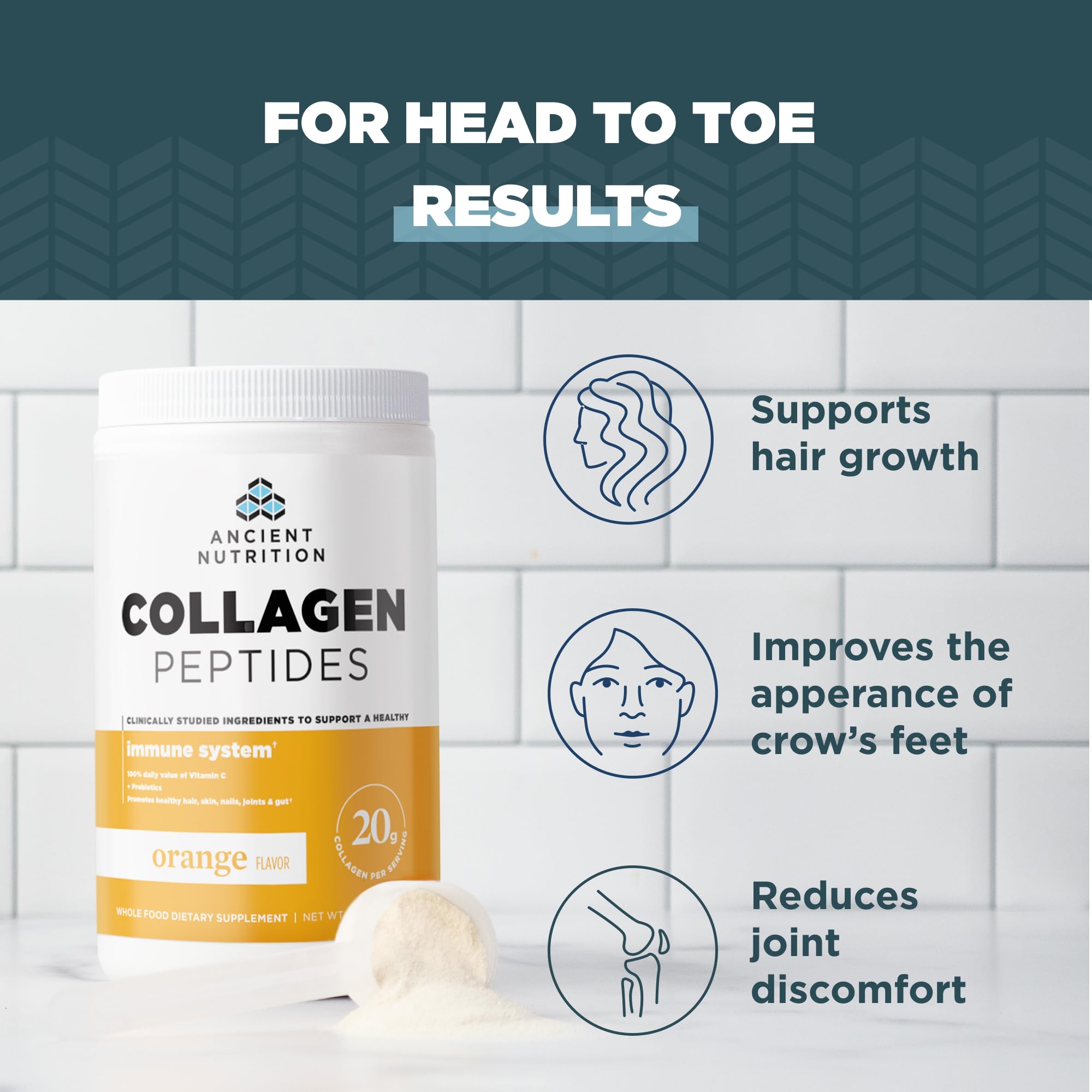 Ancient Nutrition Collagen Peptides, Vitamin C and Probiotics, Hydrolyzed Collagen Peptides Powder for Healthy Immune System Support, Orange, Keto Friendly, 12 Servings, 20g Collagen per Serving