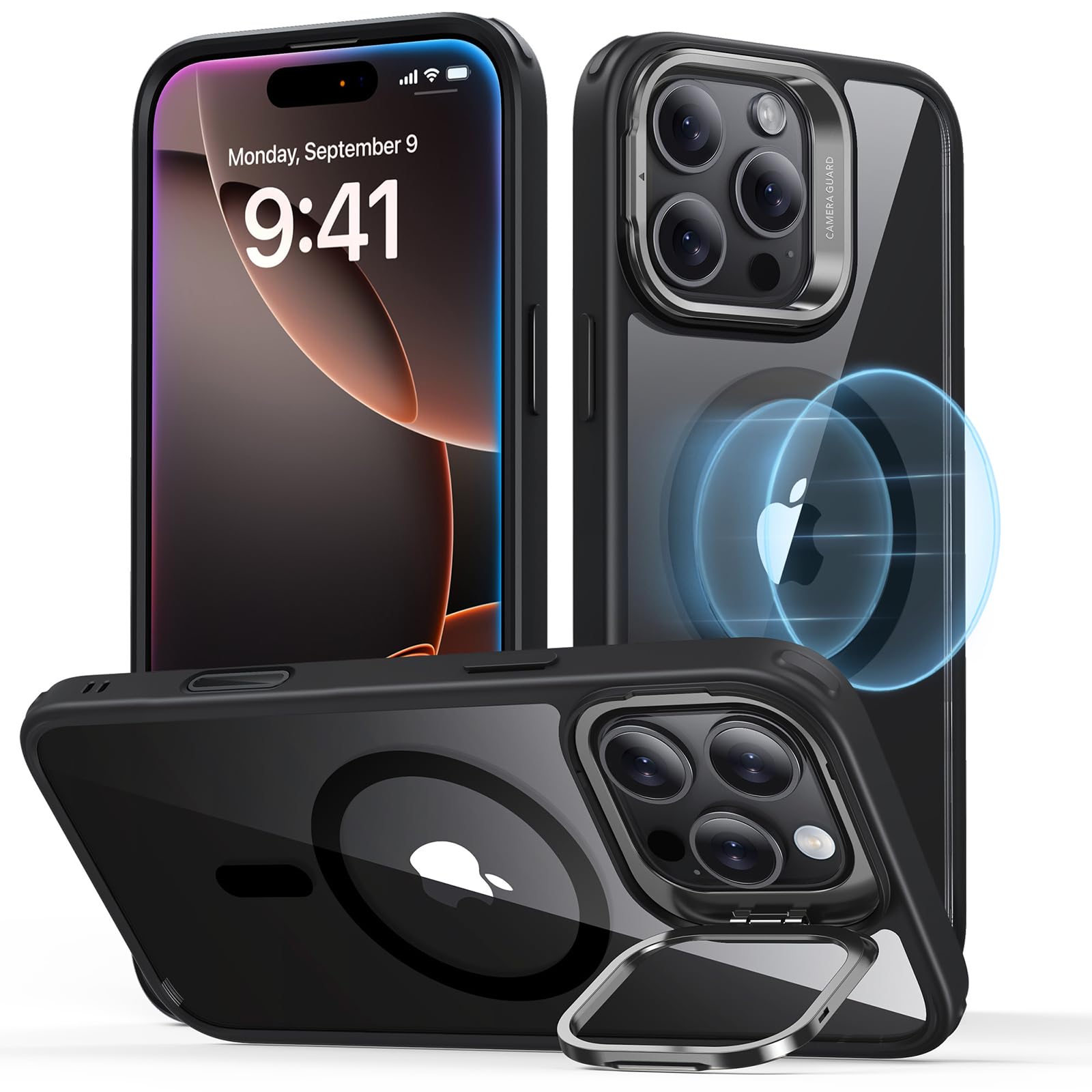 ESR for iPhone 16 Pro Max Case, Compatible with MagSafe, Military-Grade Protective Case, Built-In Stash Stand Phone Case, Scratch-Resistant Back Cover, Classic Series, Clear Black