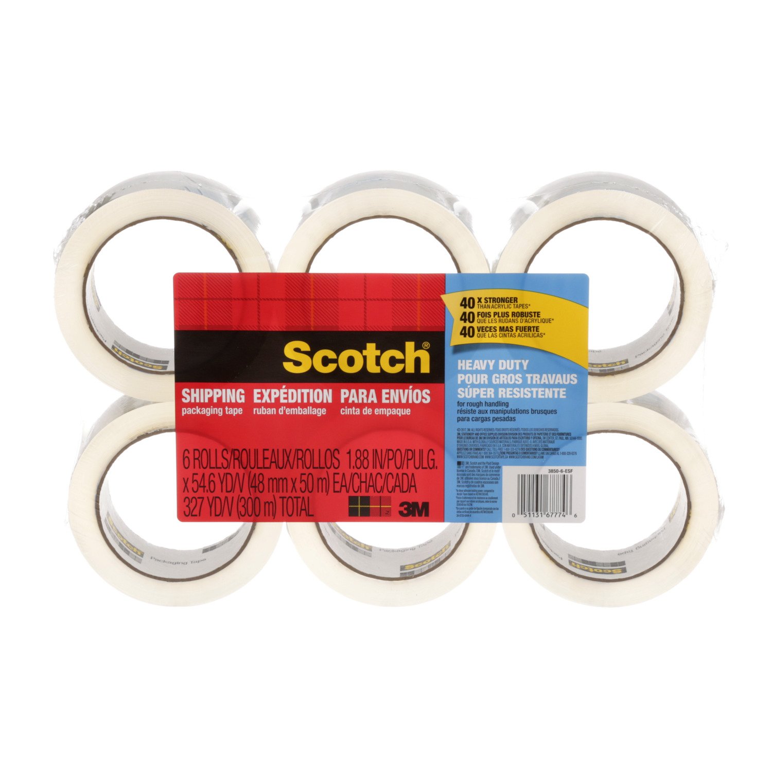 Scotch Heavy Duty Shipping Packaging Tape, 1.88 Inches x 54.6 Yards, 6