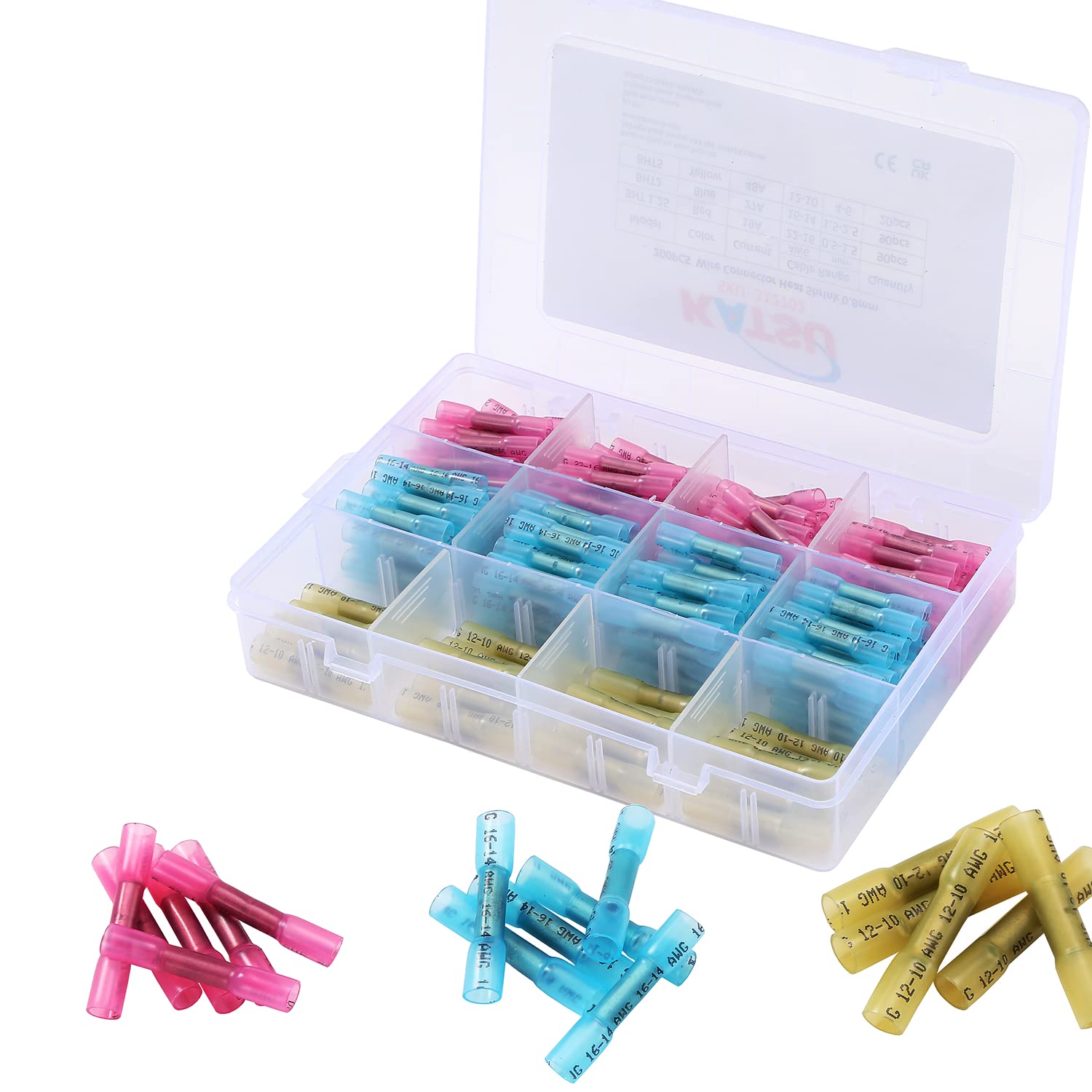 KATSU Heat Shrink Wire Connector 200PCs 0.8mm Copper Thinckness Waterproof Electrical Connectors Crimp Butt Terminals Kit Automotive Marine (3 Colors / 3 Sizes)