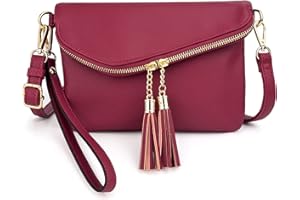 UTO Crossbody Bag for Women Travel Shoulder Purse Double Tassel Zippers Lightweight Flapover Handbag with Wristlet Strap CA