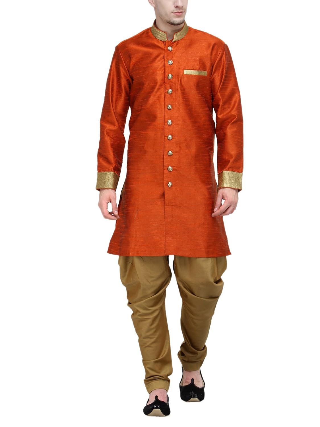 rg designers orange and gold plain sherwani for men