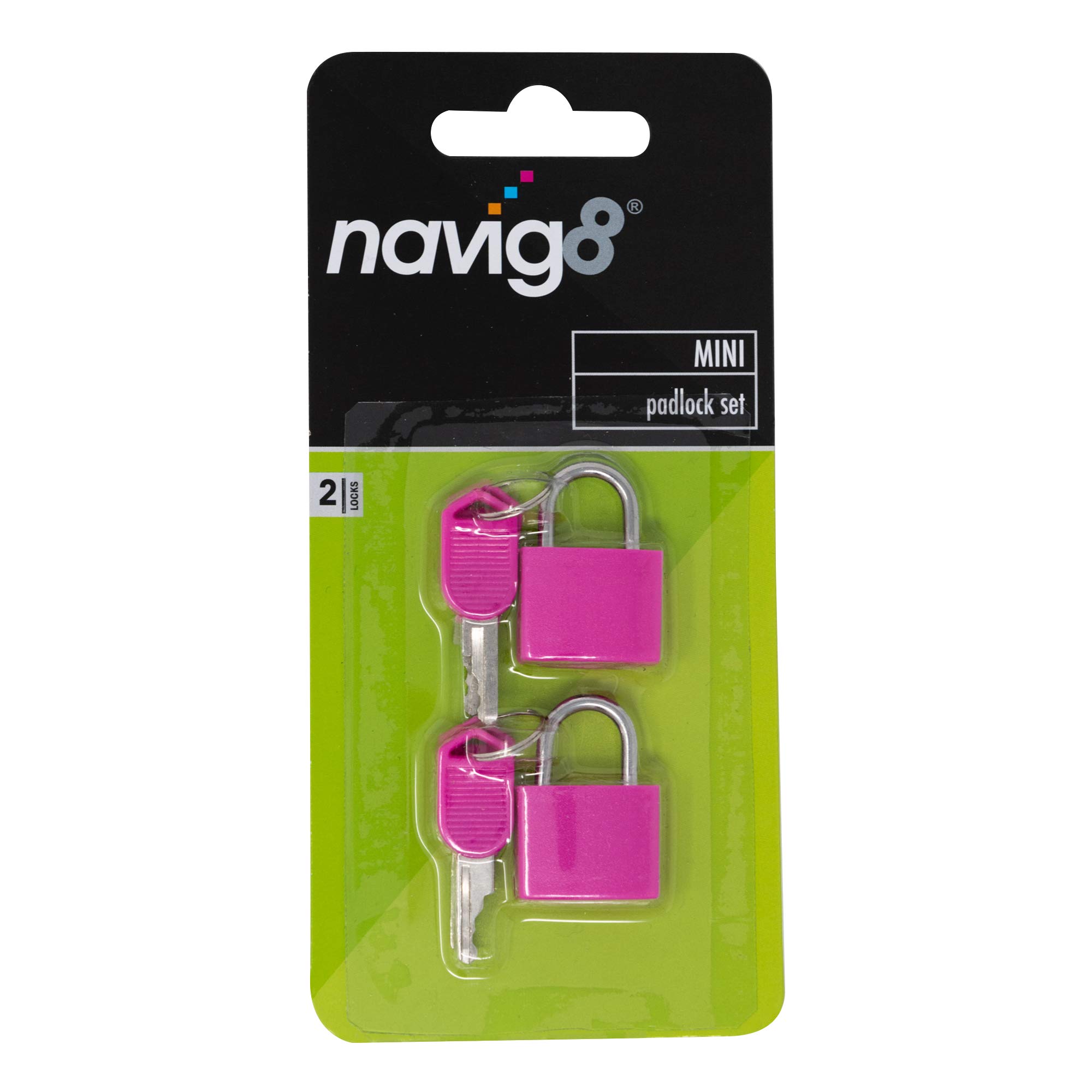 navig8 MINI Padlock Twin Pack - Pink - Luggage and Travel Padlocks with Keys - Small Padlocks for SUITCASES, Luggage, Gym Locker, Bag, School Bags - 2 PCS