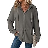 Dokotoo Women's Full Zip Up Hoodies Waffle Knit Long Sleeve Drawstring Casual Sweatshirt Hooded Tops