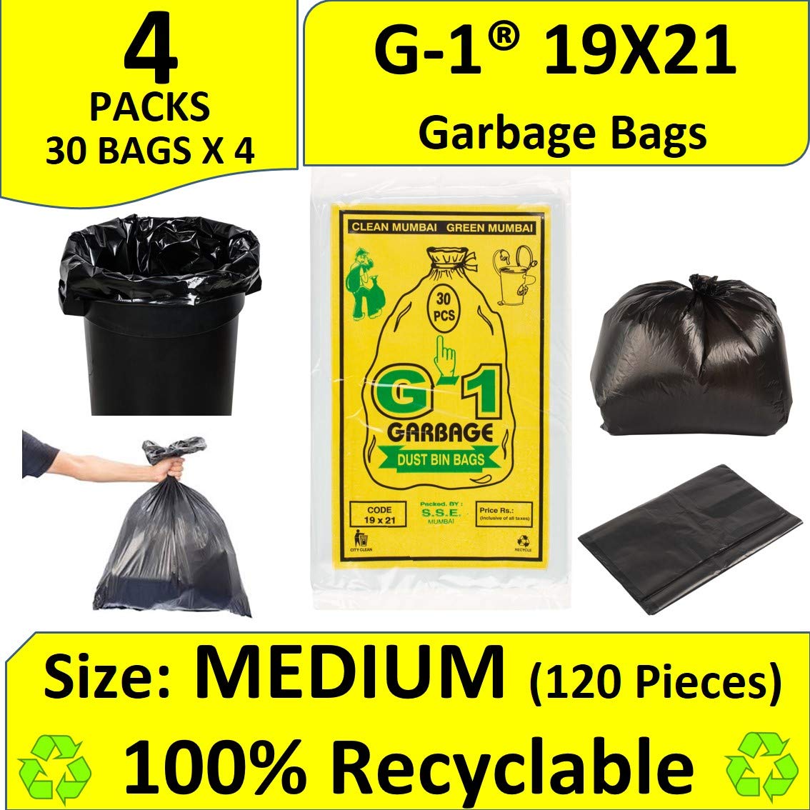 G 1 Garbage Dustbin Black Bags and Covers Medium Size 19 X 21 Inch