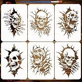FINGERINSPIRE 6Pcs Cracked Skull Stencils with a Brush 11.7x8.3Inch Hideous Skull Painting Stencils PET Skeleton Themes PET Template for Wood Floor Tile Wall Fabric Furniture Scrapbook DIY