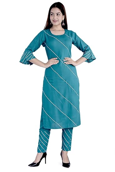 Women Rayon Straight Gota Patti Work Kurti with Pant