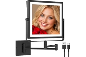 Ruacq Rechargeable Wall Mounted Makeup Mirror with Lights, Double Sided 1X/10X Magnifying Vanity Mirror with 3 Color Lighting