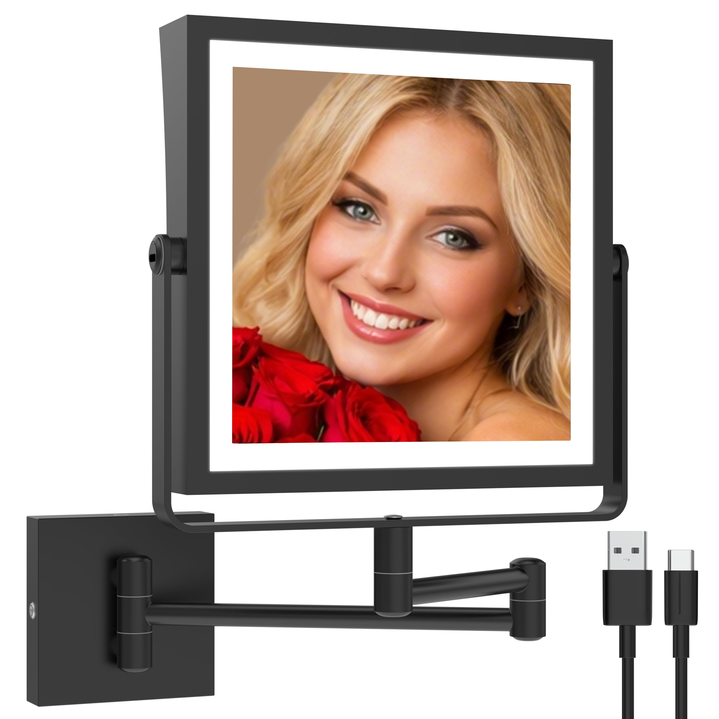 Photo 1 of Ruacq Rechargeable Wall Mounted Makeup Mirror with Lights, Double Sided 1X/10X Magnifying Vanity Mirror with 3 Color Lighting, Touch Screen Dimmable, 360° Rotation Extension Foldable Arm(Matte Black)