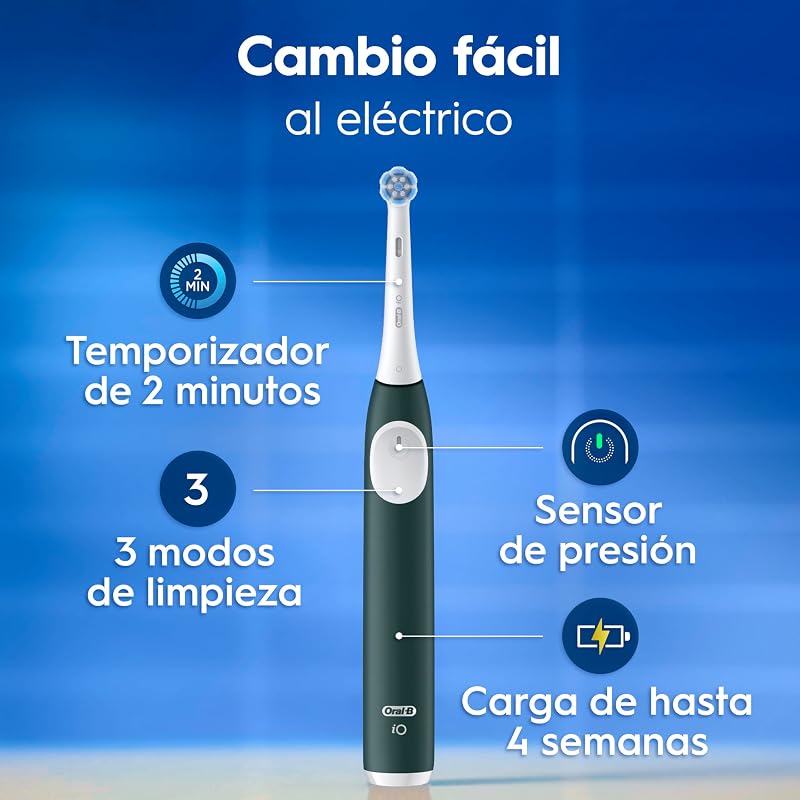 Oral-B iO 2 Forest Green escova de dentes elétrica, 1 cabeça, 1 estojo de viagem, 1 suporte de recarga, 3 modos de escovagem, sensor de pressão e temporizador, desenhado por Braun