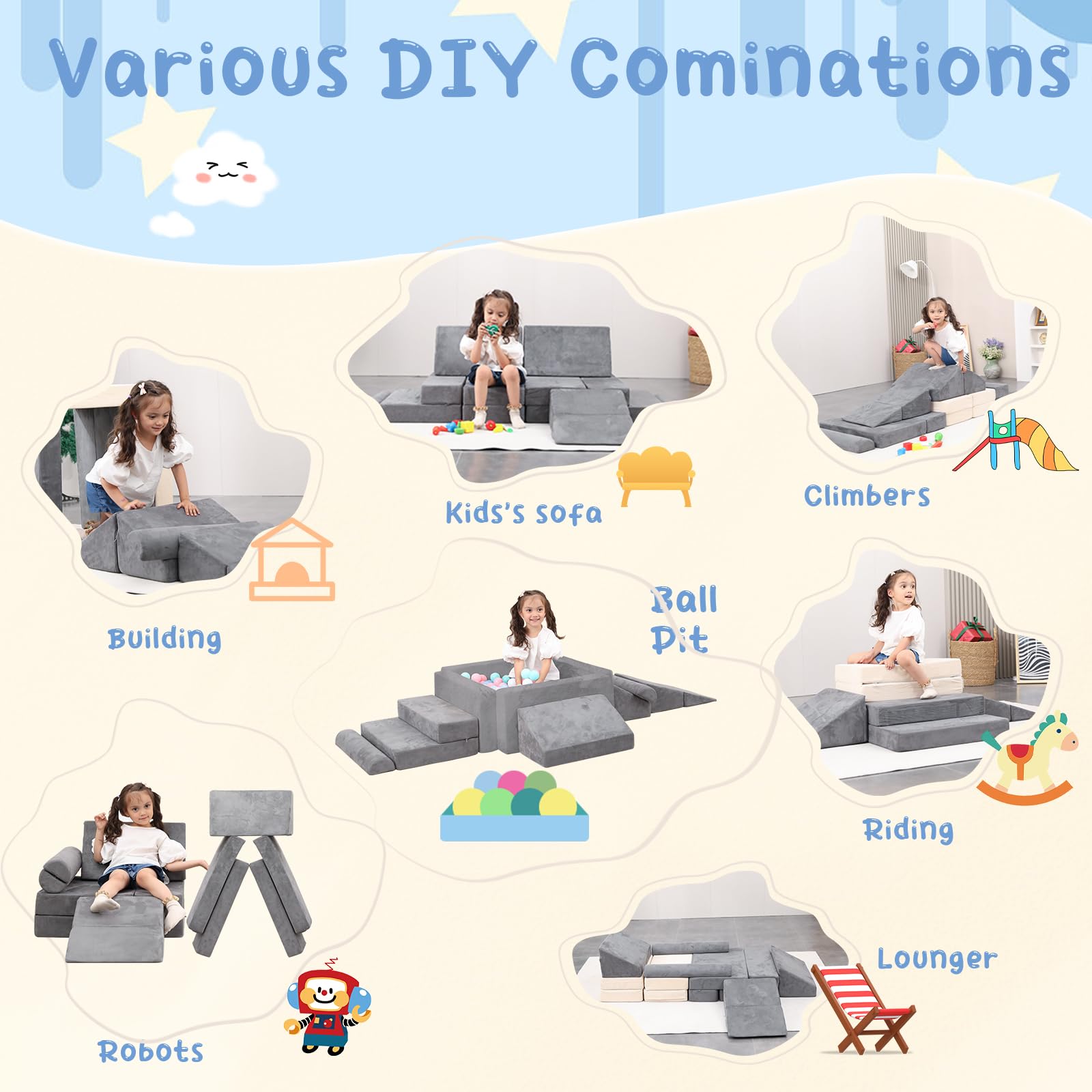 MOOZHEALTH Kids Play Couch- Modular Playset Foam Climbing Blocks for Toddlers Children with Square Ball Pit,Convertible Foam Couch Sofa Indoor Furniture for Playroom, Bedroom(Gray)